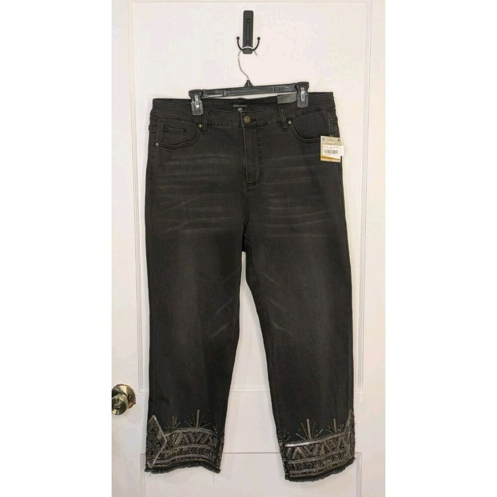 John Mark 16W Jeans Ash Black Wild Side Fancy Beads Sequin Raw Hem Straight $129
